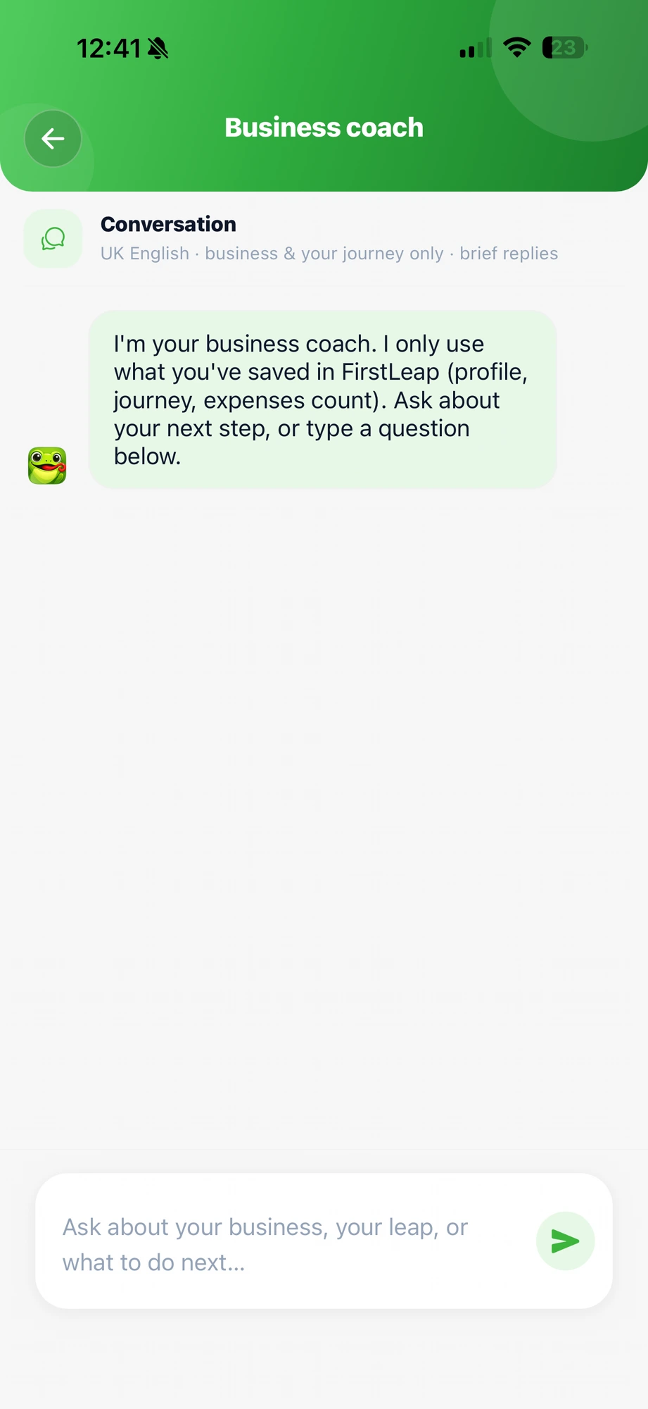 FirstLeap app AI Business Coach screen