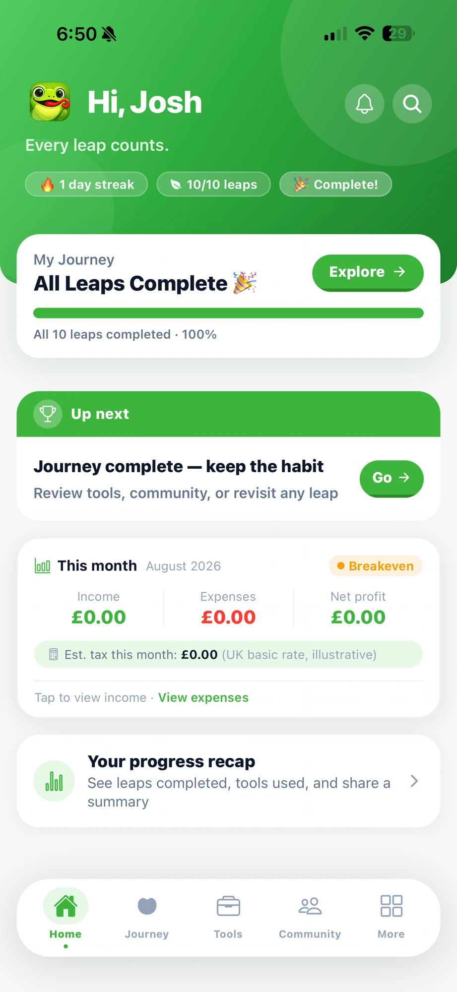FirstLeap app home screen showing the Journey progress, monthly cashflow and tools