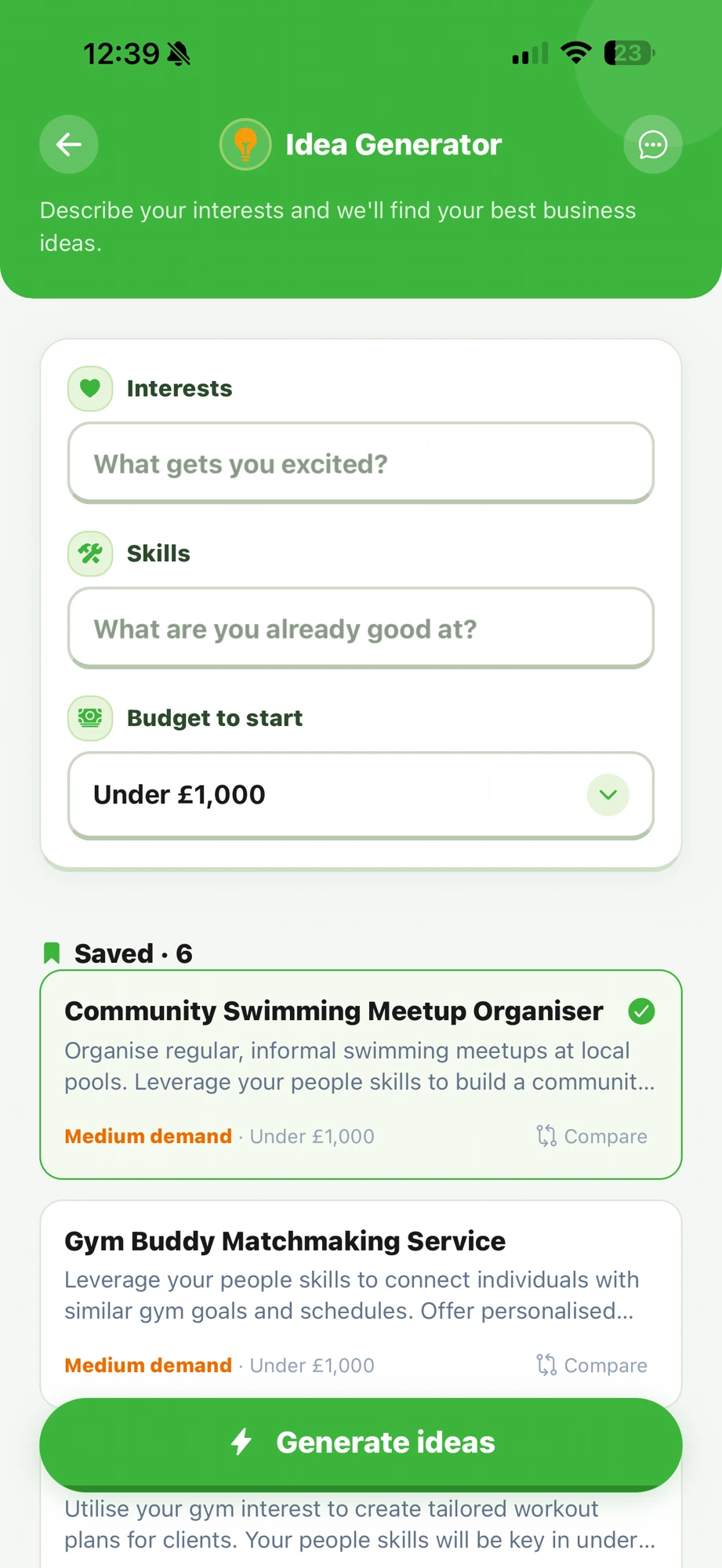 FirstLeap app Idea Generator screen