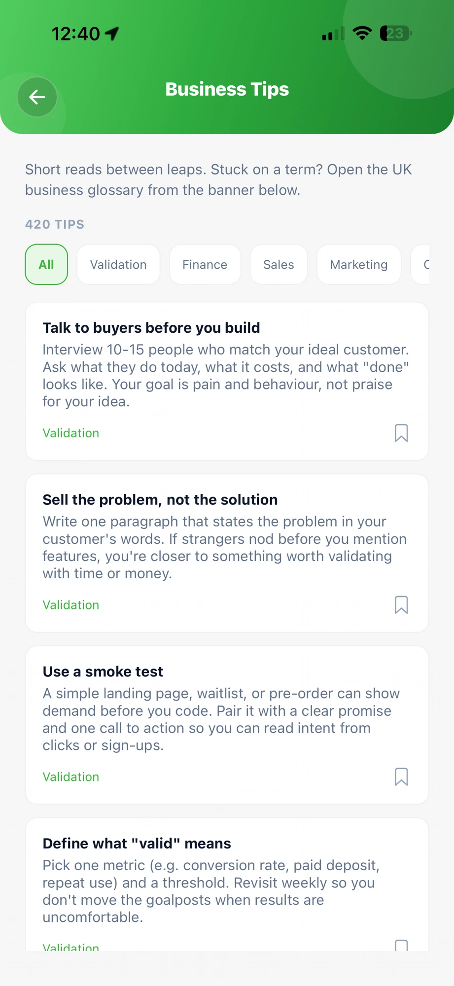 FirstLeap app Business Tips screen